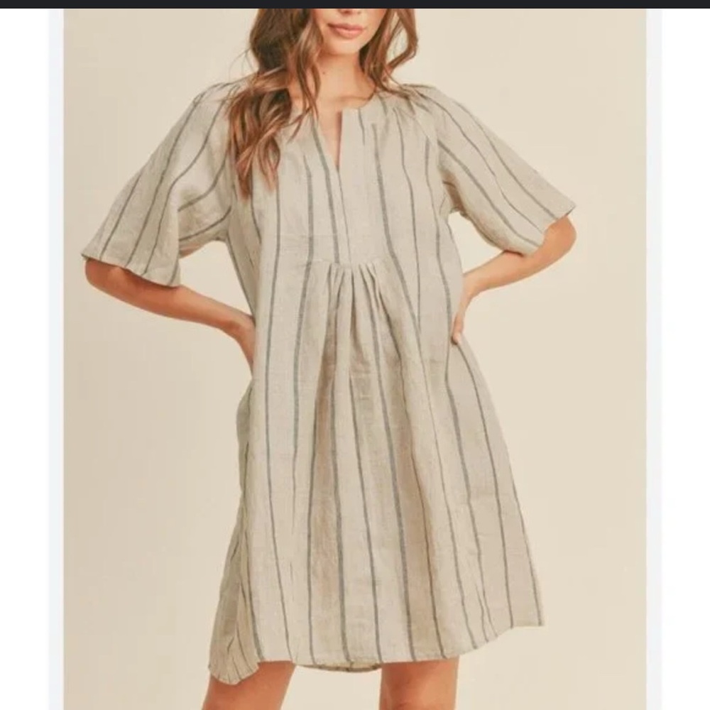 Miou Muse 100% Linen Brown Black Stripe Relaxed Mini Dress Medium